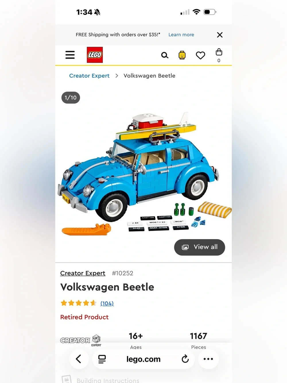 Lego Creator Blue Volkswagen Beetle with Yellow Surfboard. RETIRED. - Picture 5 of 7